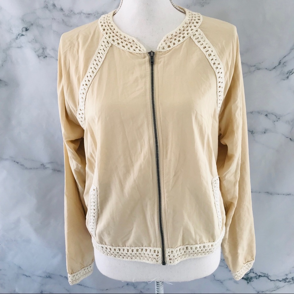 FREE PEOPLE Tan Ivory Lace Trim Bomber Jacket